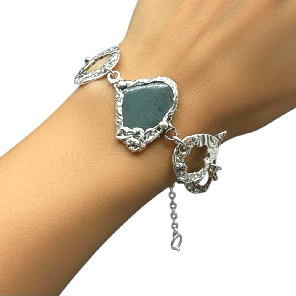 Sea Glass & Silver Cutout Bracelet - Boho Metalwork Adjustable Closure - Picture 3 of 16
